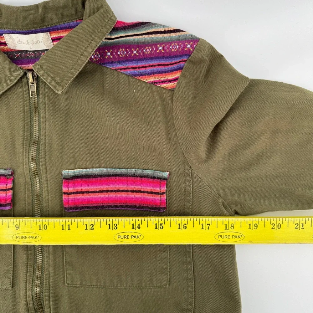 Altar'd State Utility Jacket Small Olive Military Green Serape Striped Trim Zip